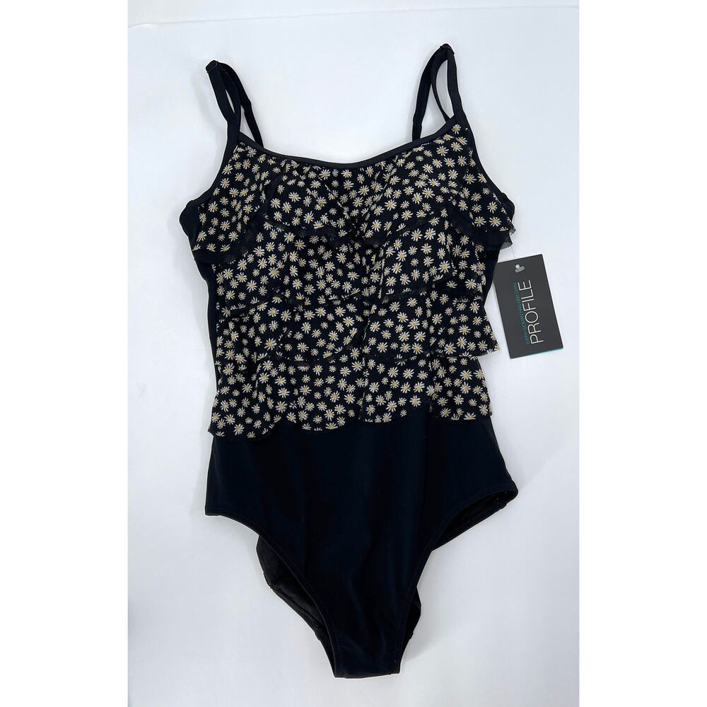 PROFILE BY GOTTEX One Piece Swimsuit Women 10 Black Daisy Ruffle Scoop Neck New - Picture 2 of 12